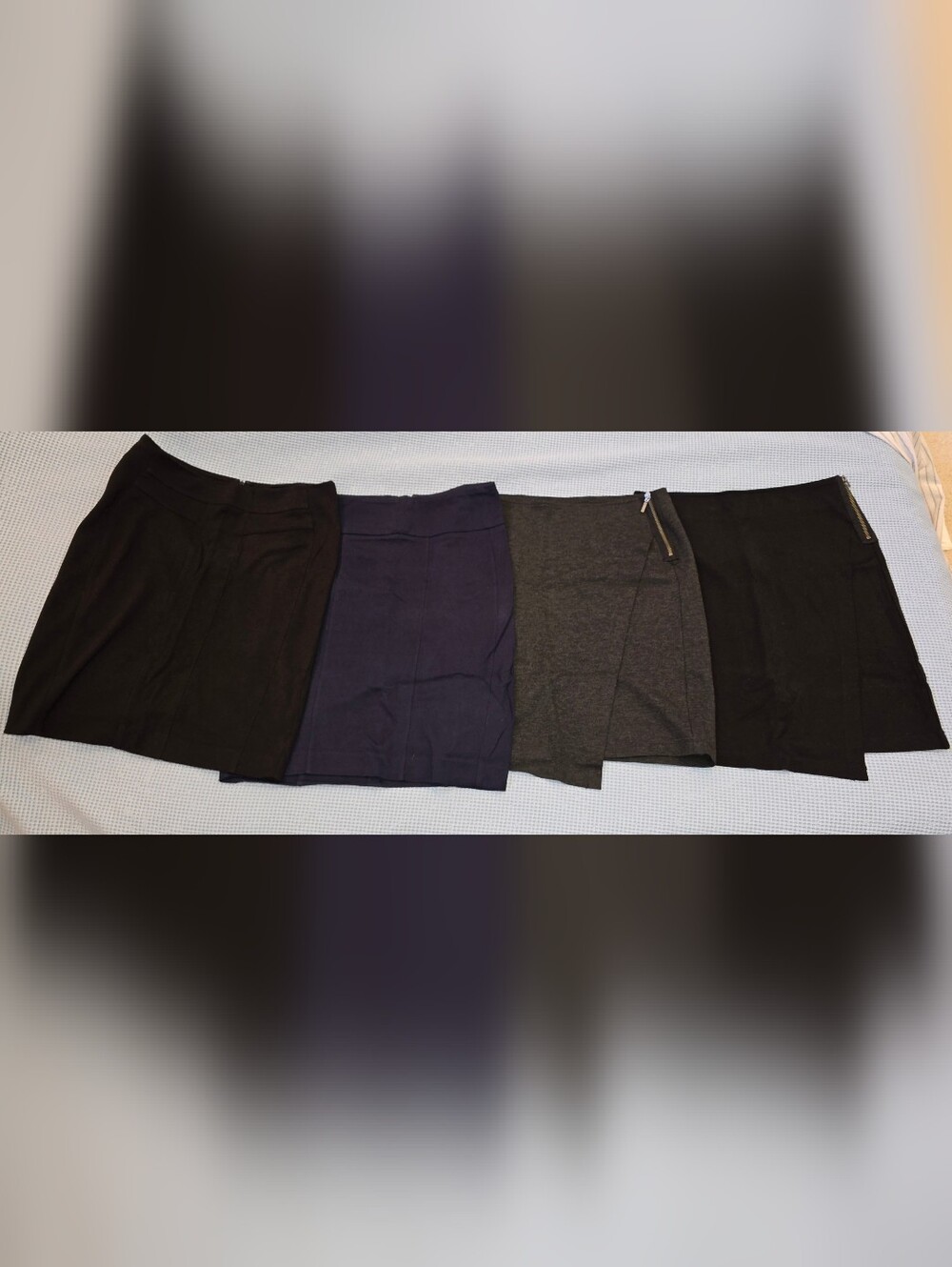 Lot of 4 Cabi Ponte Knit Skirts in Black, Navy & Charcoal